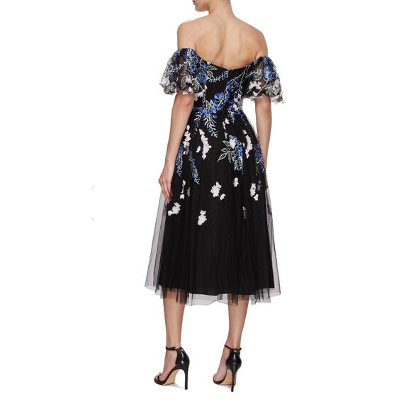 Marchesa Embroidered Tulle Midi Dress Black Blue 3D Floral Off Shoulder Sz 0 - Picture 2 of 12